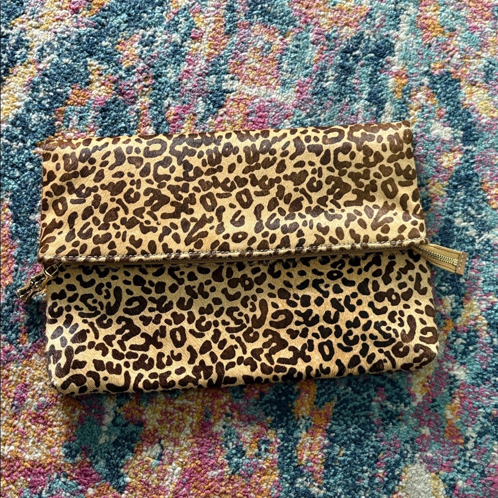 J. Mclaughlin Leopard Print Pony Hair Foldover Zipper Clutch
